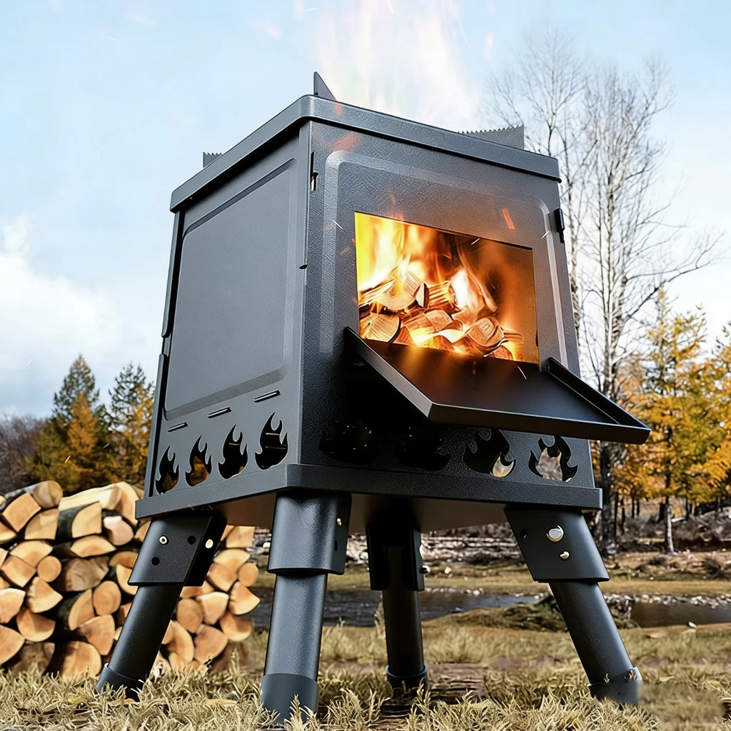 Kuchenka kempingowa na drewno z rękawiczkami, przenośna, regulowane uchwyty na garnki, kempingowa kuchenka na drewno, zewnętrzny palnik do grillowania