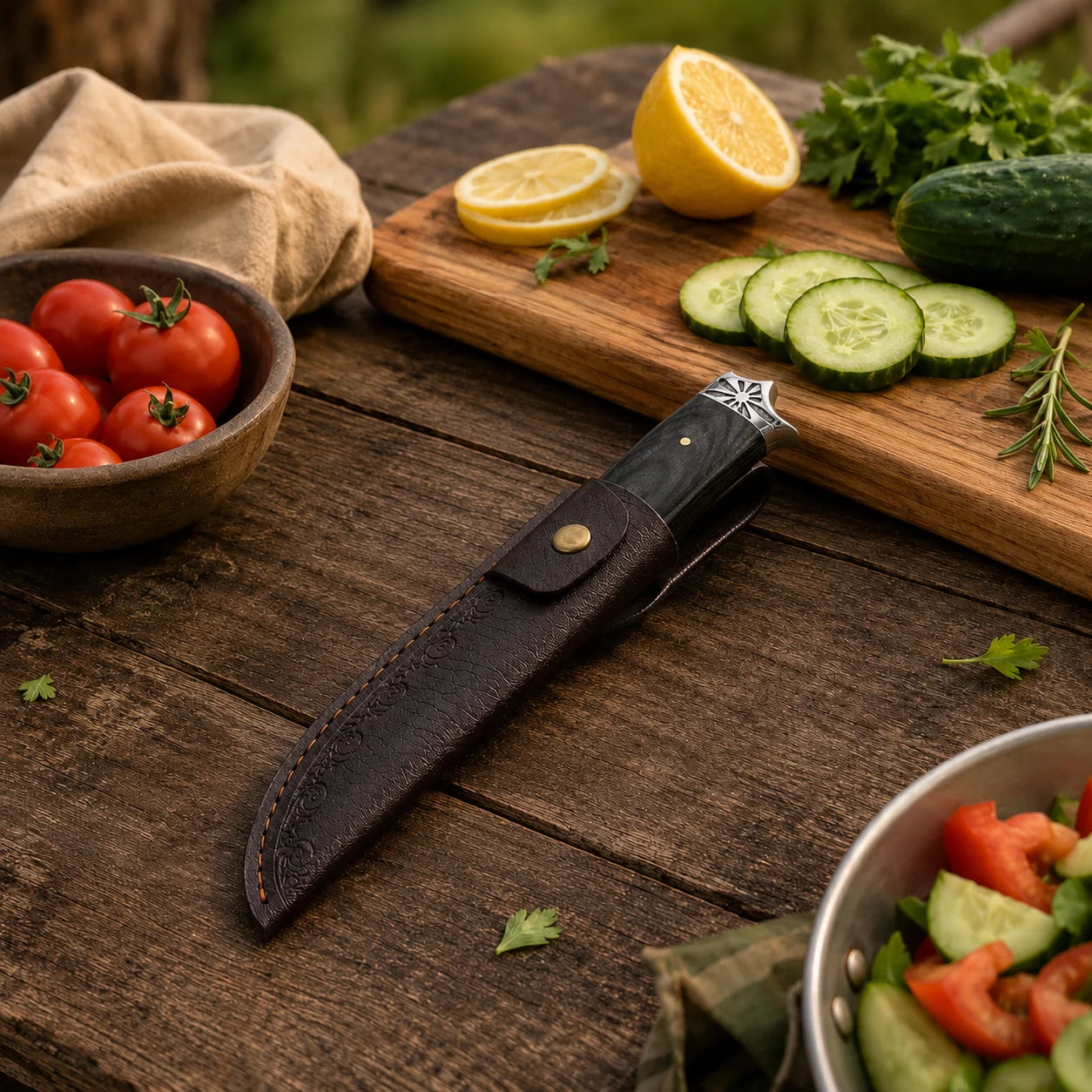 Przenośne Narzędzie do Przygotowywania Żywności na Kempingu z Ochronną Skórzaną Pochwą, Wielofunkcyjne Narzędzie Outdoorowe na Ryby, Piknik, Grill i Podróże