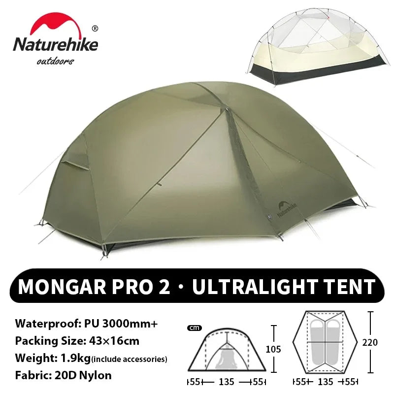 Namiot Naturehike 1/2-osobowy Ultralekki, wodoodporny namiot turystyczny 20D Nylon Dwupoziomowy przenośny namiot zewnętrzny do wędrówek, kempingu i osłony przeciwsłonecznej
