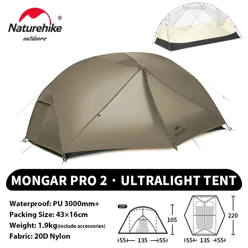 Namiot Naturehike 1/2-osobowy Ultralekki, wodoodporny namiot turystyczny 20D Nylon Dwupoziomowy przenośny namiot zewnętrzny do wędrówek, kempingu i osłony przeciwsłonecznej