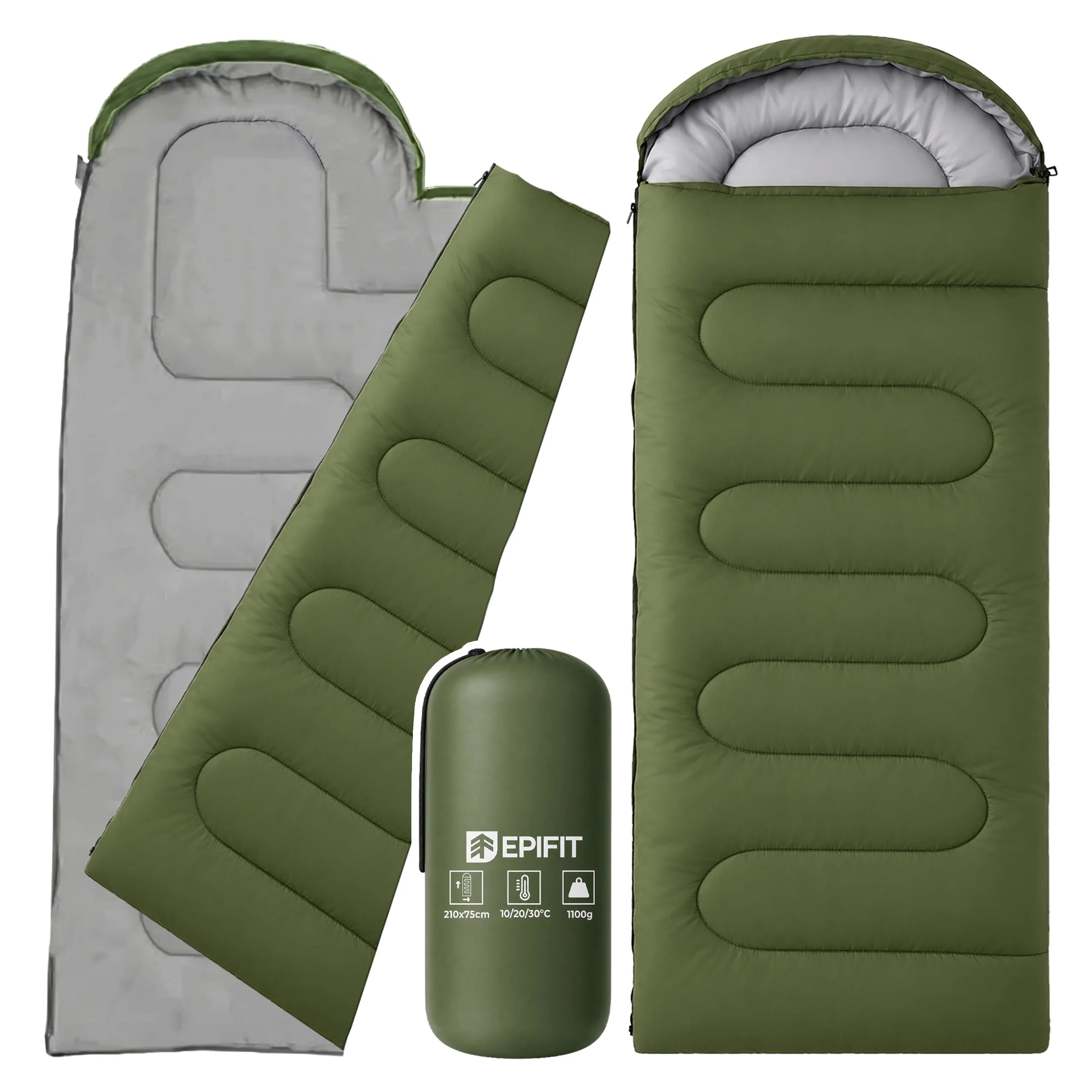 Lekki śpiwór kempingowy pod namiot, ciepły typu mumia z kapturem, TRAIL10 Khaki Green