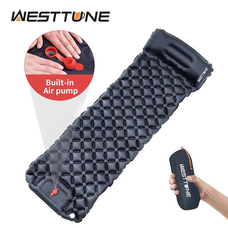 WESTTUNE Materac Kempingowy Dmuchany Ultralekka Mata Do Spania Z Poduszką Wbudowana Pompka Materac Powietrzny Na Piesze Wycieczki i Kemping