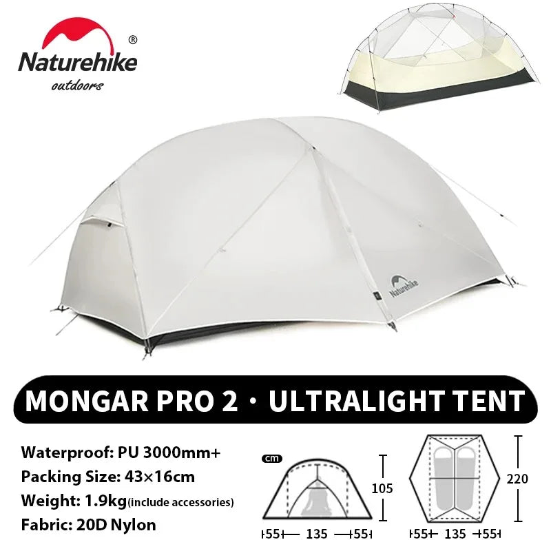 Namiot Naturehike 1/2-osobowy Ultralekki, wodoodporny namiot turystyczny 20D Nylon Dwupoziomowy przenośny namiot zewnętrzny do wędrówek, kempingu i osłony przeciwsłonecznej