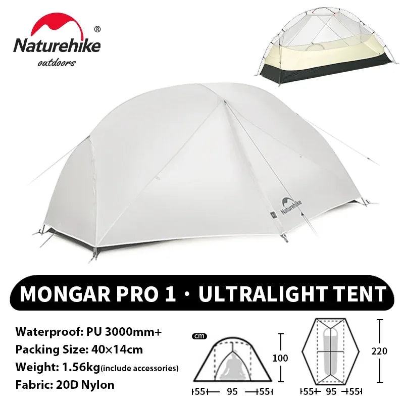 Namiot Naturehike 1/2-osobowy Ultralekki, wodoodporny namiot turystyczny 20D Nylon Dwupoziomowy przenośny namiot zewnętrzny do wędrówek, kempingu i osłony przeciwsłonecznej