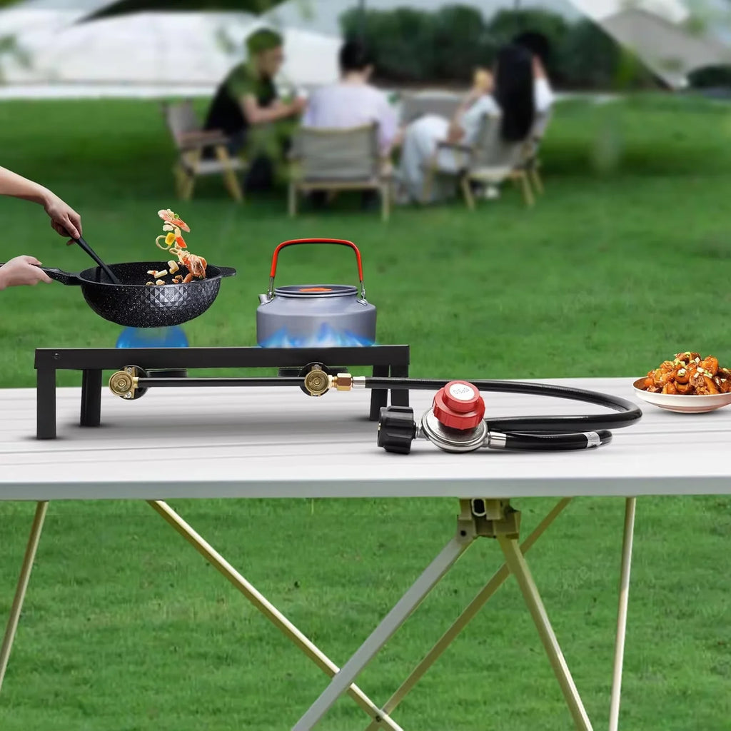 Przenośna Dwupalnikowa Kuchenka Gazowa Kempingowa Zewnętrzna Grill Piknikowa Kuchenka Propanowa z Regulowanym Wężem i Reduktorem Ciśnienia 0-10Psi