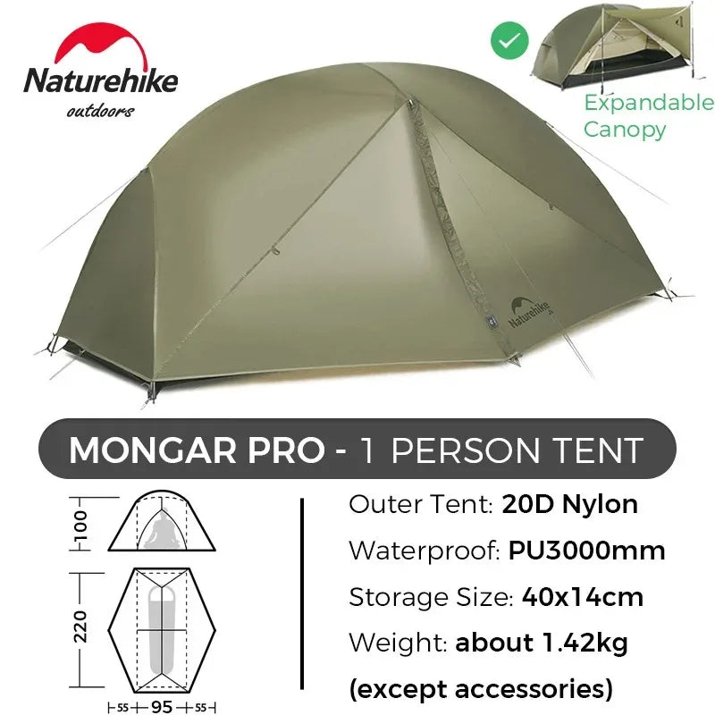 Namiot Naturehike 1/2-osobowy Ultralekki, wodoodporny namiot turystyczny 20D Nylon Dwupoziomowy przenośny namiot zewnętrzny do wędrówek, kempingu i osłony przeciwsłonecznej
